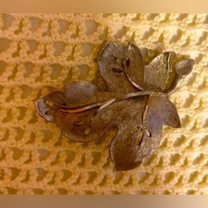 Vintage signed BSK silver plated fenestrated textured leaf brooch